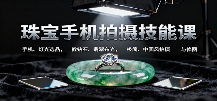 珠宝手机拍摄技能课:手机、 灯光选品,钻石、翡翠布光,极简中国风拍摄与修